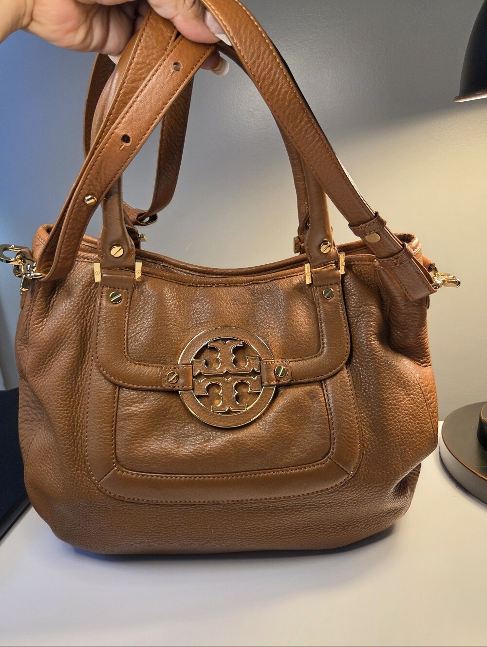 Tory Burch Cognac Pebbled Leather Shoulder Bag with Gold Logo
